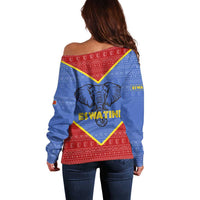 Eswatini Elephant Off Shoulder Sweater with Tribal Print and National Flag Details