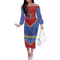 Eswatini Elephant Off The Shoulder Long Sleeve Dress with Tribal Print and National Flag Details