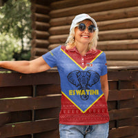 Eswatini Elephant Women Polo Shirt with Tribal Print and National Flag Details