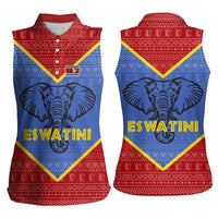 Eswatini Elephant Women Sleeveless Polo Shirt with Tribal Print and National Flag Details
