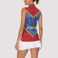 Eswatini Elephant Women Sleeveless Polo Shirt with Tribal Print and National Flag Details