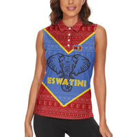 Eswatini Elephant Women Sleeveless Polo Shirt with Tribal Print and National Flag Details