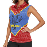 Eswatini Elephant Women Sleeveless Polo Shirt with Tribal Print and National Flag Details