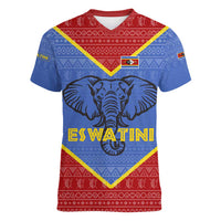 Eswatini Elephant Women V-Neck T-Shirt with Tribal Print and National Flag Details