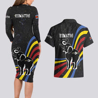 Eswatini Elephant Couples Matching Long Sleeve Bodycon Dress and Hawaiian Shirt with Cosmic Background and Swazi Flag Colors