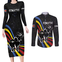Eswatini Elephant Couples Matching Long Sleeve Bodycon Dress and Long Sleeve Button Shirt with Cosmic Background and Swazi Flag Colors