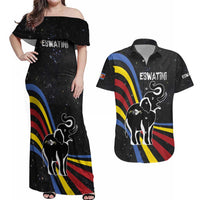 Eswatini Elephant Couples Matching Off Shoulder Maxi Dress and Hawaiian Shirt with Cosmic Background and Swazi Flag Colors