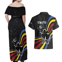 Eswatini Elephant Couples Matching Off Shoulder Maxi Dress and Hawaiian Shirt with Cosmic Background and Swazi Flag Colors