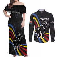 Eswatini Elephant Couples Matching Off Shoulder Maxi Dress and Long Sleeve Button Shirt with Cosmic Background and Swazi Flag Colors