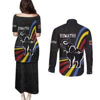 Eswatini Elephant Couples Matching Puletasi and Long Sleeve Button Shirt with Cosmic Background and Swazi Flag Colors
