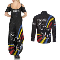 Eswatini Elephant Couples Matching Summer Maxi Dress and Long Sleeve Button Shirt with Cosmic Background and Swazi Flag Colors