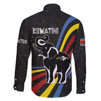 Eswatini Elephant Family Matching Long Sleeve Bodycon Dress and Hawaiian Shirt with Cosmic Background and Swazi Flag Colors