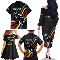 Eswatini Elephant Family Matching Off The Shoulder Long Sleeve Dress and Hawaiian Shirt with Cosmic Background and Swazi Flag Colors