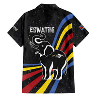 Eswatini Elephant Family Matching Off The Shoulder Long Sleeve Dress and Hawaiian Shirt with Cosmic Background and Swazi Flag Colors