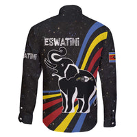 Eswatini Elephant Family Matching Off The Shoulder Long Sleeve Dress and Hawaiian Shirt with Cosmic Background and Swazi Flag Colors