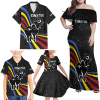 Eswatini Elephant Family Matching Off Shoulder Maxi Dress and Hawaiian Shirt with Cosmic Background and Swazi Flag Colors