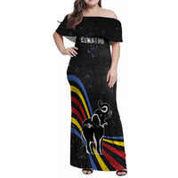 Eswatini Elephant Family Matching Off Shoulder Maxi Dress and Hawaiian Shirt with Cosmic Background and Swazi Flag Colors