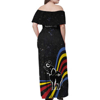 Eswatini Elephant Family Matching Off Shoulder Maxi Dress and Hawaiian Shirt with Cosmic Background and Swazi Flag Colors