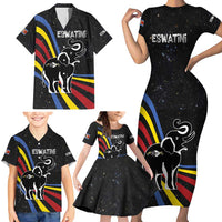 Eswatini Elephant Family Matching Short Sleeve Bodycon Dress and Hawaiian Shirt with Cosmic Background and Swazi Flag Colors