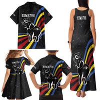 Eswatini Elephant Family Matching Tank Maxi Dress and Hawaiian Shirt with Cosmic Background and Swazi Flag Colors