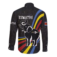 Eswatini Elephant Long Sleeve Button Shirt with Cosmic Background and Swazi Flag Colors