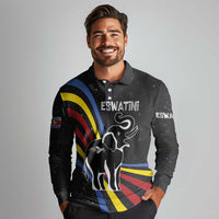 Eswatini Elephant Long Sleeve Polo Shirt with Cosmic Background and Swazi Flag Colors