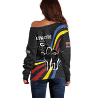 Eswatini Elephant Off Shoulder Sweater with Cosmic Background and Swazi Flag Colors