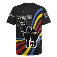 Eswatini Elephant Rugby Jersey with Cosmic Background and Swazi Flag Colors