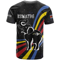 Eswatini Elephant T Shirt with Cosmic Background and Swazi Flag Colors