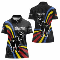 Eswatini Elephant Women Polo Shirt with Cosmic Background and Swazi Flag Colors