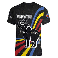 Eswatini Elephant Women V-Neck T-Shirt with Cosmic Background and Swazi Flag Colors