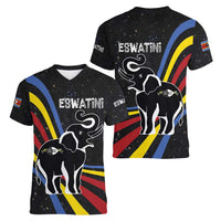 Eswatini Elephant Women V-Neck T-Shirt with Cosmic Background and Swazi Flag Colors