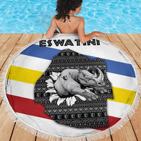 Eswatini Rhino Beach Blanket with African Map and Traditional Swazi Flag Patterns