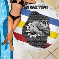 Eswatini Rhino Beach Blanket with African Map and Traditional Swazi Flag Patterns
