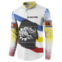 Eswatini Rhino Button Sweatshirt with African Map and Traditional Swazi Flag Patterns