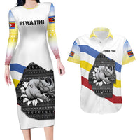 Eswatini Rhino Couples Matching Long Sleeve Bodycon Dress and Hawaiian Shirt with African Map and Traditional Swazi Flag Patterns
