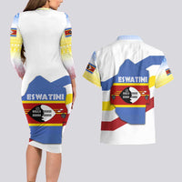 Eswatini Rhino Couples Matching Long Sleeve Bodycon Dress and Hawaiian Shirt with African Map and Traditional Swazi Flag Patterns
