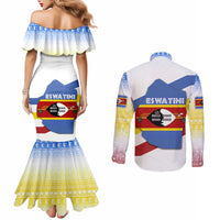 Eswatini Rhino Couples Matching Mermaid Dress and Long Sleeve Button Shirt with African Map and Traditional Swazi Flag Patterns