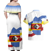 Eswatini Rhino Couples Matching Off Shoulder Maxi Dress and Hawaiian Shirt with African Map and Traditional Swazi Flag Patterns