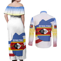 Eswatini Rhino Couples Matching Off Shoulder Maxi Dress and Long Sleeve Button Shirt with African Map and Traditional Swazi Flag Patterns