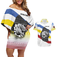 Eswatini Rhino Couples Matching Off Shoulder Short Dress and Hawaiian Shirt with African Map and Traditional Swazi Flag Patterns