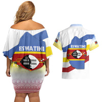 Eswatini Rhino Couples Matching Off Shoulder Short Dress and Hawaiian Shirt with African Map and Traditional Swazi Flag Patterns
