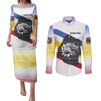 Eswatini Rhino Couples Matching Puletasi and Long Sleeve Button Shirt with African Map and Traditional Swazi Flag Patterns