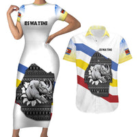 Eswatini Rhino Couples Matching Short Sleeve Bodycon Dress and Hawaiian Shirt with African Map and Traditional Swazi Flag Patterns