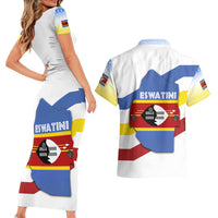 Eswatini Rhino Couples Matching Short Sleeve Bodycon Dress and Hawaiian Shirt with African Map and Traditional Swazi Flag Patterns