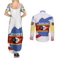 Eswatini Rhino Couples Matching Summer Maxi Dress and Long Sleeve Button Shirt with African Map and Traditional Swazi Flag Patterns