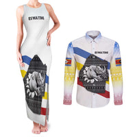 Eswatini Rhino Couples Matching Tank Maxi Dress and Long Sleeve Button Shirt with African Map and Traditional Swazi Flag Patterns