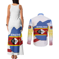Eswatini Rhino Couples Matching Tank Maxi Dress and Long Sleeve Button Shirt with African Map and Traditional Swazi Flag Patterns