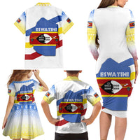 Eswatini Rhino Family Matching Long Sleeve Bodycon Dress and Hawaiian Shirt with African Map and Traditional Swazi Flag Patterns