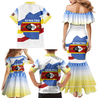 Eswatini Rhino Family Matching Mermaid Dress and Hawaiian Shirt with African Map and Traditional Swazi Flag Patterns